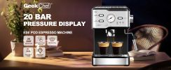 Espresso Machine 20 Bar Pump Pressure Cappuccino latte with ESE POD filter&Milk Frother Steam Wand&thermometer, 1.5L Water Tank, Stainless steel Espre