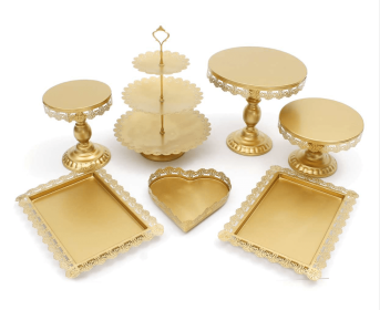 European Style Wrought Iron Cake Stand Set Wedding Dessert Stand Lace Props Plate (Option: Gold-9pieces)